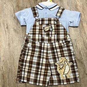 Kids Play Jurassic Giant Tan Plaid Overalls and Baby Blue Polo Shirt Size 2T NWT